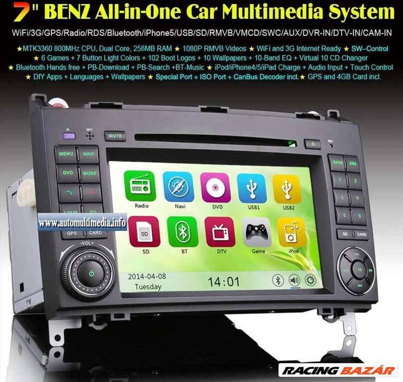 Mercedes A B W169 W245 Vito Viano Sprinter Crafter 7" GPS TV DVD Bluetooth Internet WiFi 3G (355 1. kép