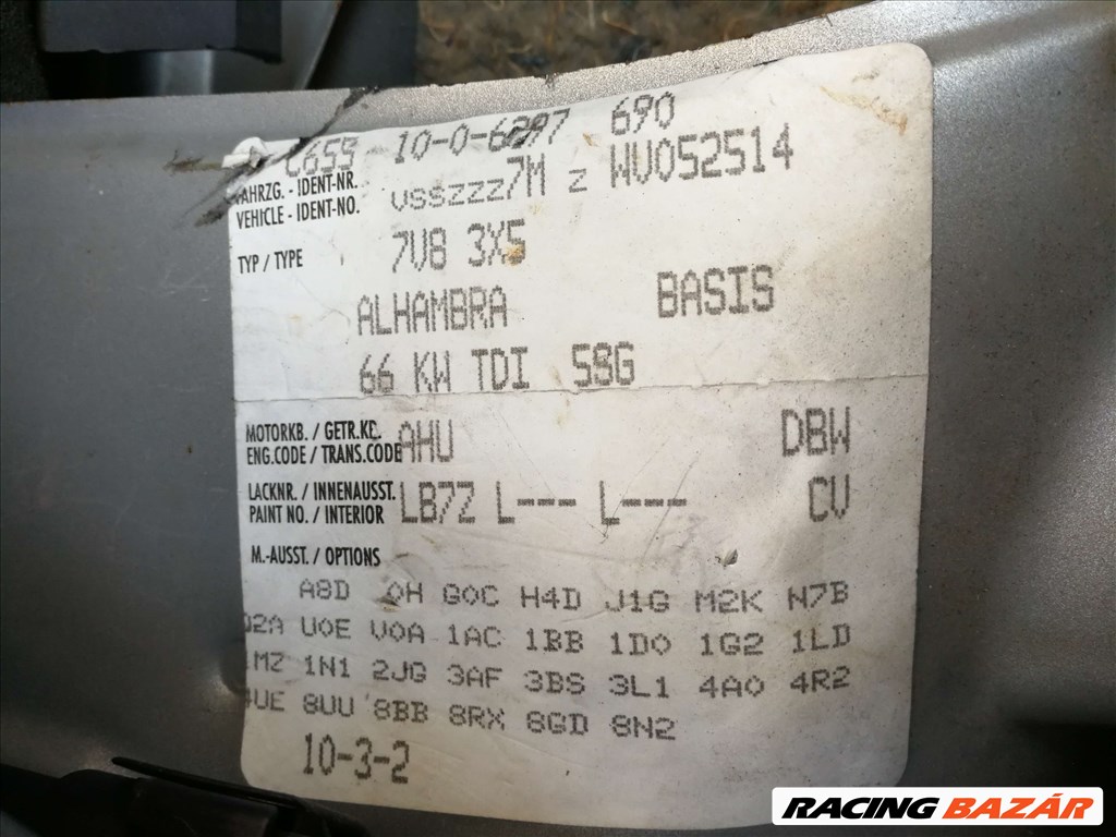 Seat Alhambra 1.9Tdi 90Le AHU motorkóddal, LB7Z színben alkatrészenként eladó 7. kép