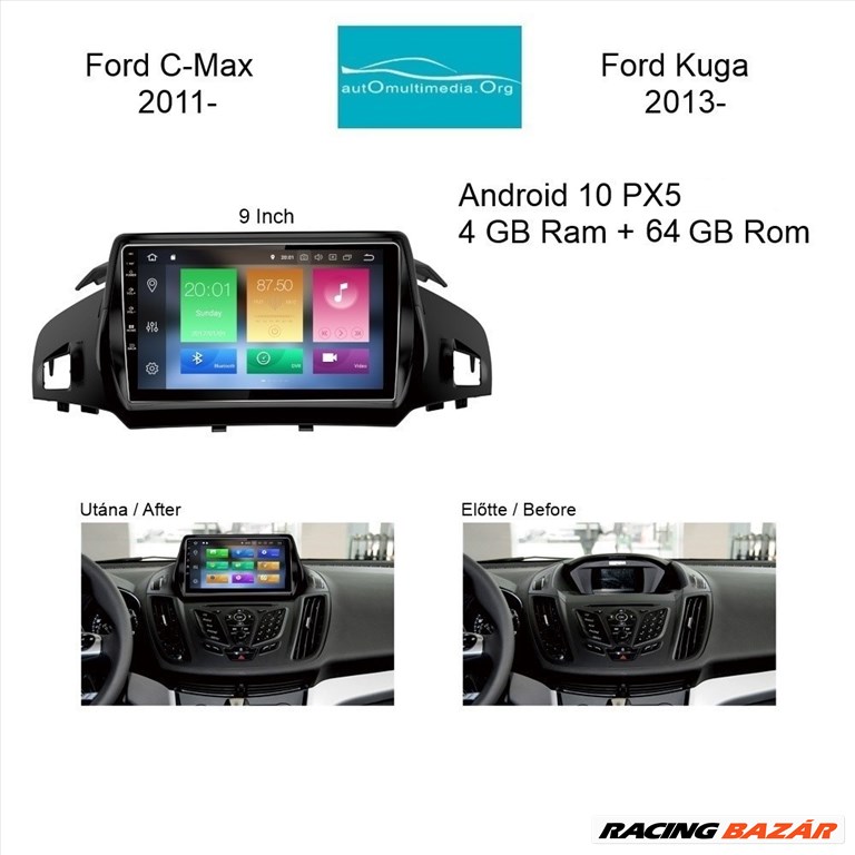 Ford Kuga, C-Max, Android 10 Multimédia, GPS, Wifi, Bluetooth, Tolatókamerával!  9. kép
