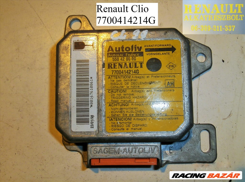 Renault Clio ('98) légzsák indító, légzsákvezérlő 7700414214--G 7700414214G 1. kép