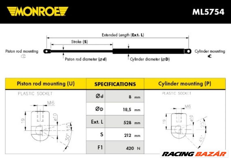 MONROE ML5754 Csomagtartó gázrugó - VOLKSWAGEN 1. kép