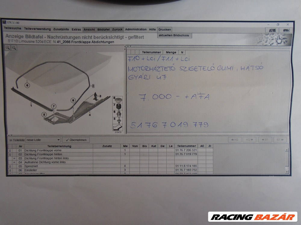 BMW F10 +LCI /F11+ LCI Motorháztető szigetelő gumi Hátsó /Gyári új/ 3. kép