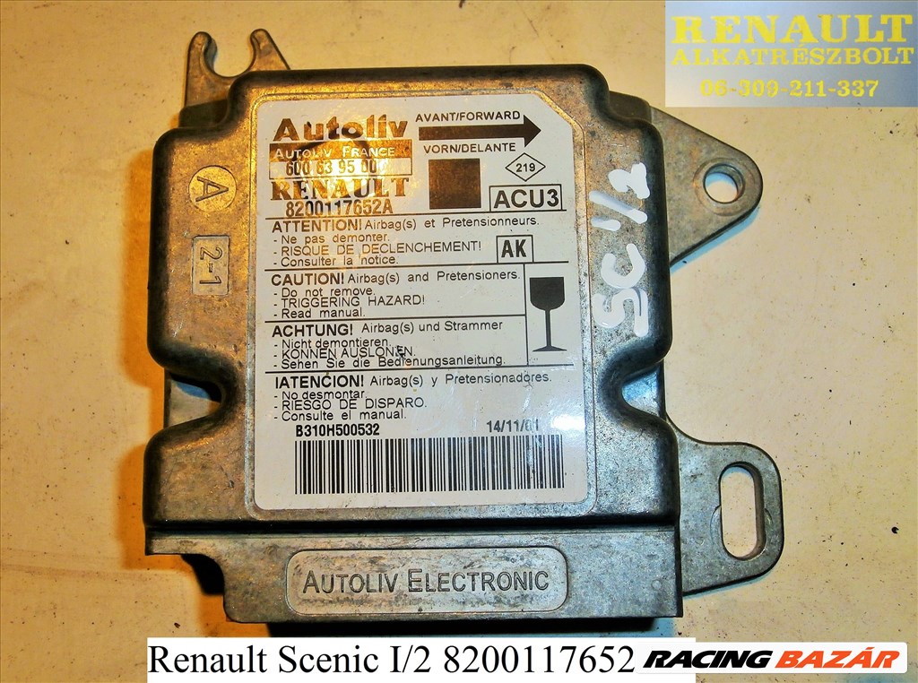 Renault Scenic I/2 8200117652A légzsák indító elektronika  1. kép