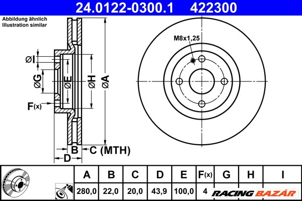 ATE 24.0122-0300.1 - féktárcsa ABARTH FIAT MAZDA 1. kép