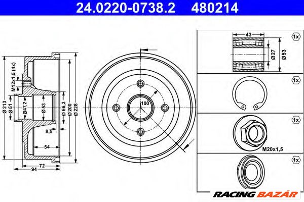ATE 24.0220-0738.2 - fékdob OPEL VAUXHALL 1. kép