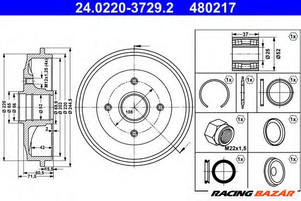 ATE 24.0220-3729.2 - fékdob CITROËN PEUGEOT 1. kép