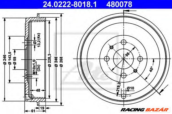 ATE 24.0222-8018.1 - fékdob ALFA ROMEO CITROËN FIAT LANCIA PEUGEOT 1. kép