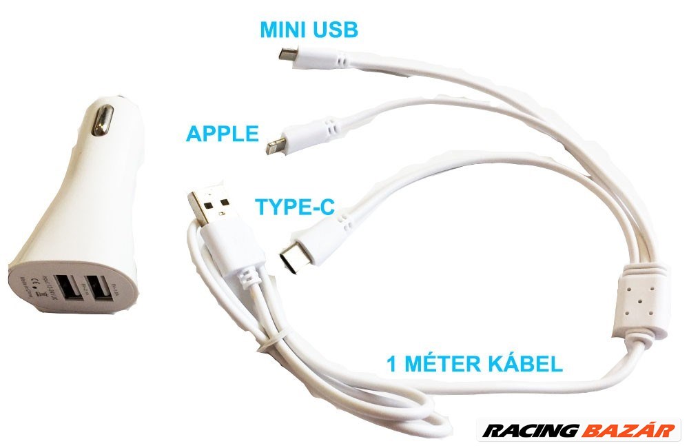 2-es USB töltő M-USB/Apple/Type-C 12V 2.1A AE-WF132-1 1. kép