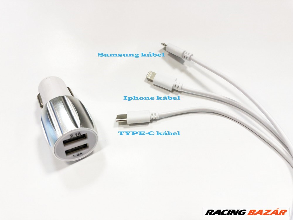 2-es USB töltő M-USB/Apple/Type-C 2.1A 12/24V  AE-WF132/N 1. kép