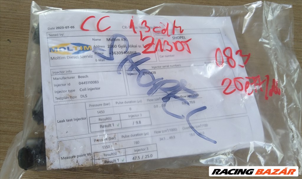 Opel Corsa C 1.3CDTI (Z13DT) bevizsgált porlasztó (0445110083) mérési jegyzőkönyvvel 1. kép