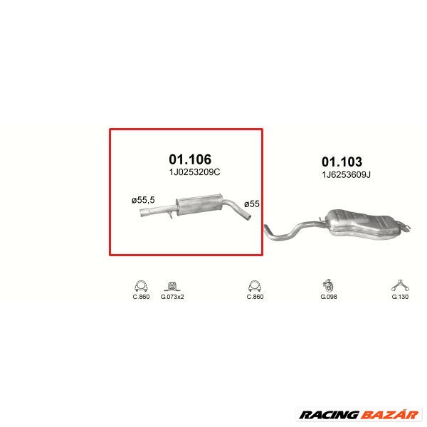 Kipufogódob, közép, Audi A3, Seat Toledo, Skoda Oct, VW Golf IV, Bora, Beetle, 1.8-2.3, 1996-2010 1. kép