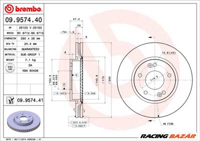 BREMBO 09.9574.41 - féktárcsa HYUNDAI HYUNDAI (BEIJING) KIA KIA (DYK)