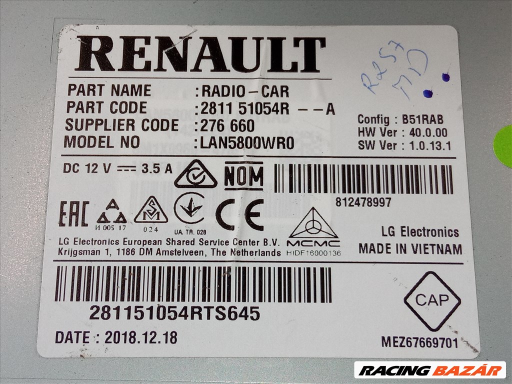 Dacia, Renault Rádió és Navigációs fejegység LAN5800WR0 281151054R 2. kép
