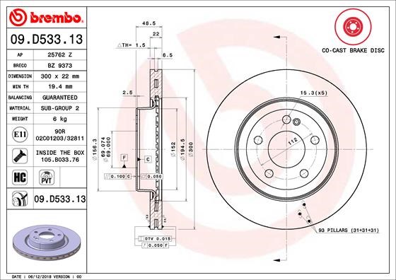 BREMBO 09.D533.13 - féktárcsa MERCEDES-BENZ MERCEDES-BENZ (BBDC) 1. kép