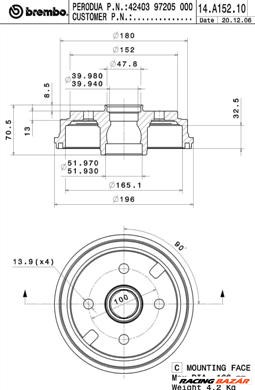 BREMBO 14.A152.10 - fékdob DAIHATSU PERODUA 1. kép