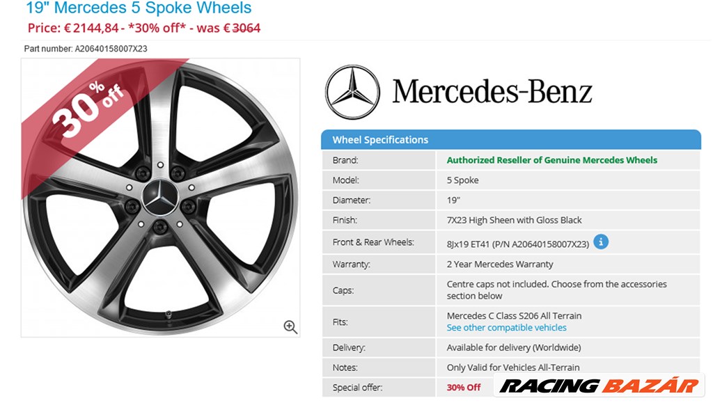 Új Mercedes W206 All Terrain alufelnik 5x112 8x19 ET41 4db 4. kép