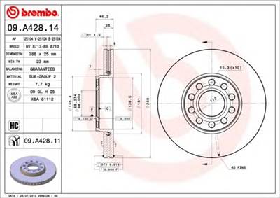 BREMBO 09.A428.11 - féktárcsa SKODA VW
