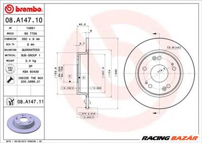 BREMBO 08.A147.11 - féktárcsa ACURA HONDA HONDA (DONGFENG)