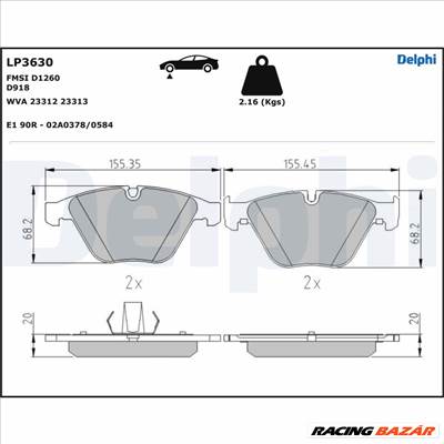 DELPHI LP3630 - fékbetétkészlet, tárcsafék BMW BMW (BRILLIANCE)