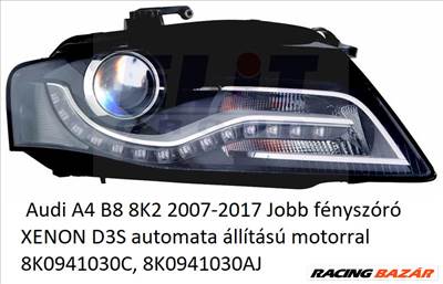  Audi A4 B8 8K2 2007-2017 Jobb fényszóró XENON D3S automata állítású motorral 8K0941030C, 8K0941030AJ