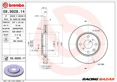 BREMBO 09.9928.11 - féktárcsa BYD CITROËN GEELY GLEAGLE (GEELY) PEUGEOT TOYOTA