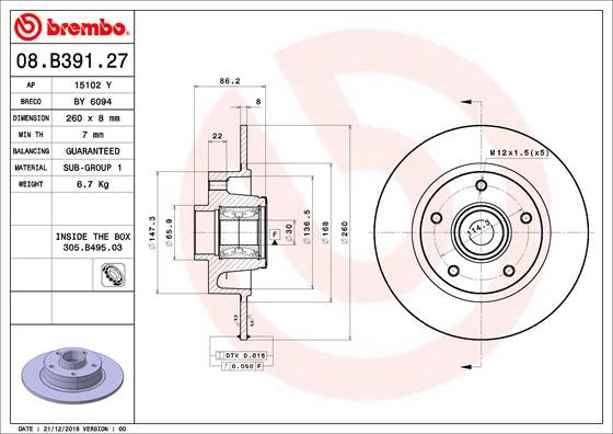BREMBO 08.B391.27 - féktárcsa RENAULT 1. kép
