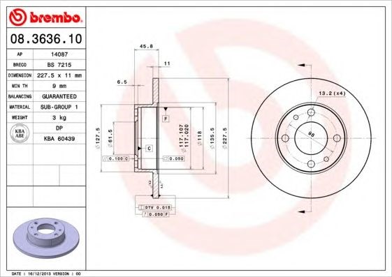 BREMBO 08.3636.10 - féktárcsa AUTOBIANCHI FIAT FSO INNOCENTI LANCIA PININFARINA SEAT YUGO ZASTAVA 1. kép