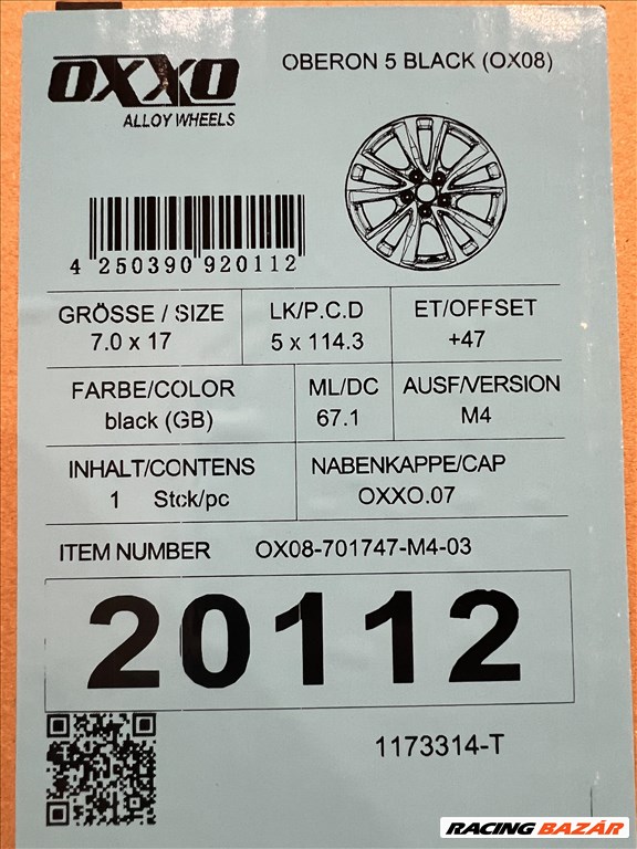  5x114.3 lyukosztású 7JJ 17" ETt47 új Oxxo alufelni 6. kép