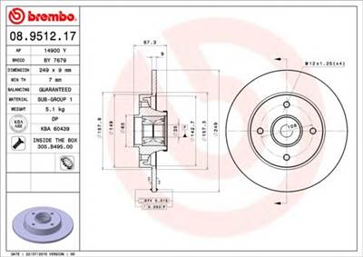 BREMBO 08.9512.17 - féktárcsa CITROËN CITROEN (DF-PSA) PEUGEOT PEUGEOT (DF-PSA)