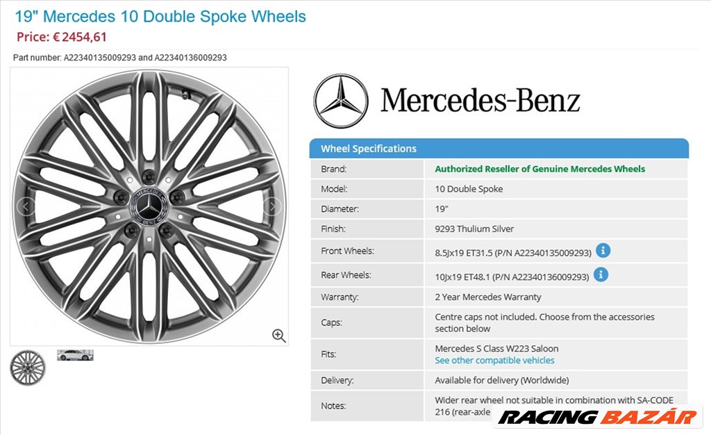 Új/demo Mercedes W223 kétszéles alufelnik 5x112 8,5-10x19 4db 4. kép