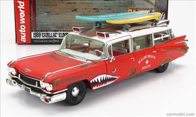 CADILLAC ELDORADO AMBULANCE WITH SHARK GRAPHICS AN SURFBOARDS 1959 RED WHITE