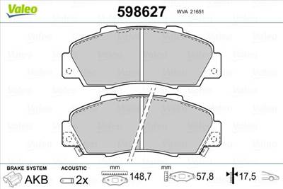 fékbetétkészlet, tárcsafék VALEO 598627 for HONDA, ACURA, ROVER