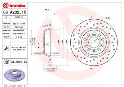 BREMBO 08.A202.1X - féktárcsa AUDI AUDI (FAW) SEAT SKODA SKODA (SVW ) VW VW (FAW) VW (SVW)