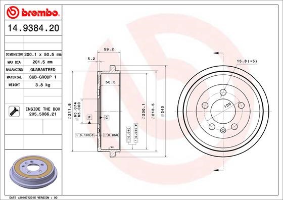 BREMBO 14.9384.20 - fékdob AUDI SEAT SKODA SKODA (SVW ) VW 1. kép