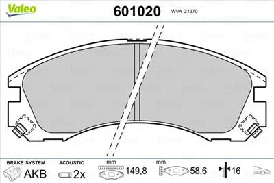 fékbetétkészlet, tárcsafék VALEO 601020 for MITSUBISHI, CITROËN, PEUGEOT