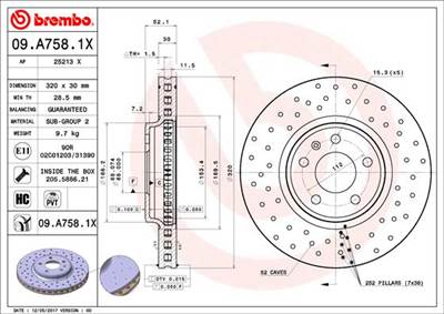 BREMBO 09.A758.1X - féktárcsa AUDI AUDI (FAW)