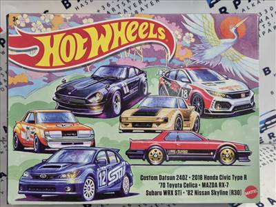 Hot Wheels Japan Theme - 6 darabos szett díszdobozban - Custom Datsun 240Z - 2018 Honda Civic Type R - 1970 Toyota Celica - Mazda RX-7 - Subaru WRX STi0 - 1982 Nissan Skyline R30 - Hot Wheels - 1:64