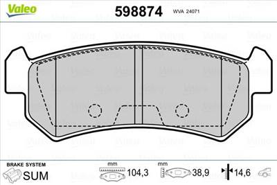 fékbetétkészlet, tárcsafék VALEO 598874 for BUICK, SUZUKI, CHEVROLET, DAEWOO