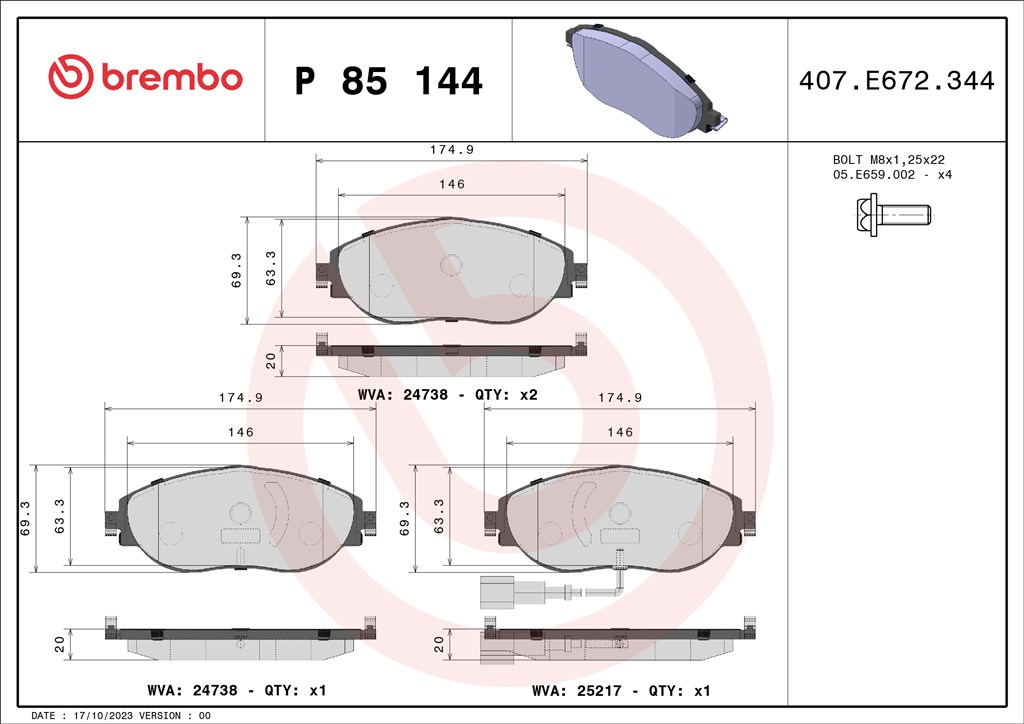 BREMBO P 85 144X - fékbetétkészlet, tárcsafék AUDI CUPRA SEAT SKODA VW VW (SVW) 1. kép