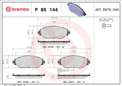 BREMBO P 85 144X - fékbetétkészlet, tárcsafék AUDI CUPRA SEAT SKODA VW VW (SVW)