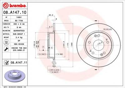 BREMBO 08.A147.11 - féktárcsa ACURA HONDA HONDA (DONGFENG)