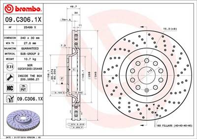 BREMBO 09.C306.1X - féktárcsa AUDI CHRYSLER CUPRA SEAT SKODA SKODA (SVW ) VW VW (FAW) VW (SVW)