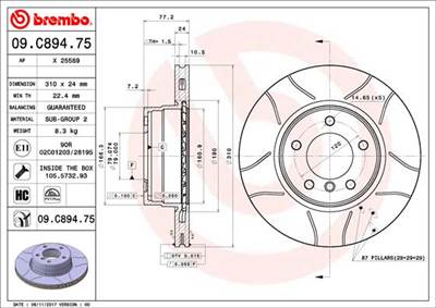 BREMBO 09.C894.75 - féktárcsa BMW BMW (BRILLIANCE)