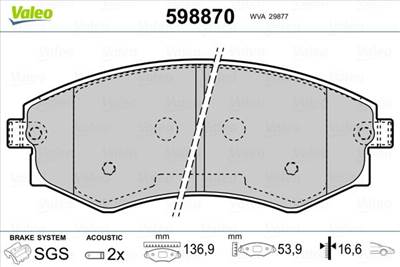 fékbetétkészlet, tárcsafék VALEO 598870 for SSANGYONG, DAEWOO