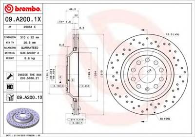 BREMBO 09.A200.1X - féktárcsa AUDI AUDI (FAW) AUDI (SAIC) CHRYSLER CUPRA SEAT SKODA VW VW (FAW) VW (