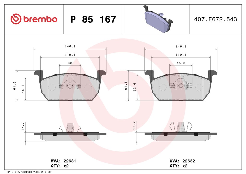 BREMBO P 85 167 - fékbetétkészlet, tárcsafék AUDI SEAT SKODA SKODA (SVW ) SKODA (SVW) VW VW (FAW) VW 1. kép