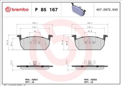 BREMBO P 85 167 - fékbetétkészlet, tárcsafék AUDI SEAT SKODA SKODA (SVW ) SKODA (SVW) VW VW (FAW) VW