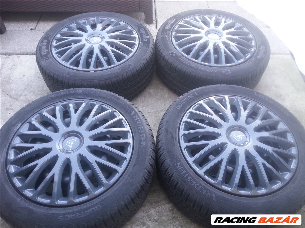  4x108 gyári Ford KA+ lemezfelni, rajta 195/50R15 négyévszakos gumi szenzorral 1. kép