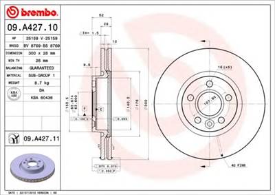 BREMBO 09.A427.11 - féktárcsa FORD FORD (CHANGAN) LAND ROVER LAND ROVER (CHERY) VOLVO VOLVO (CHANGAN