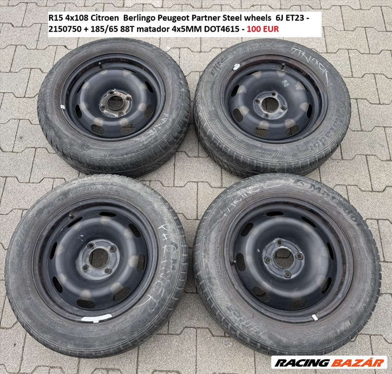 R15 4x108 Citroen  Berlingo Peugeot Partner Steel wheels  6J ET23 - 2150750 + 185/65 88T 1. kép